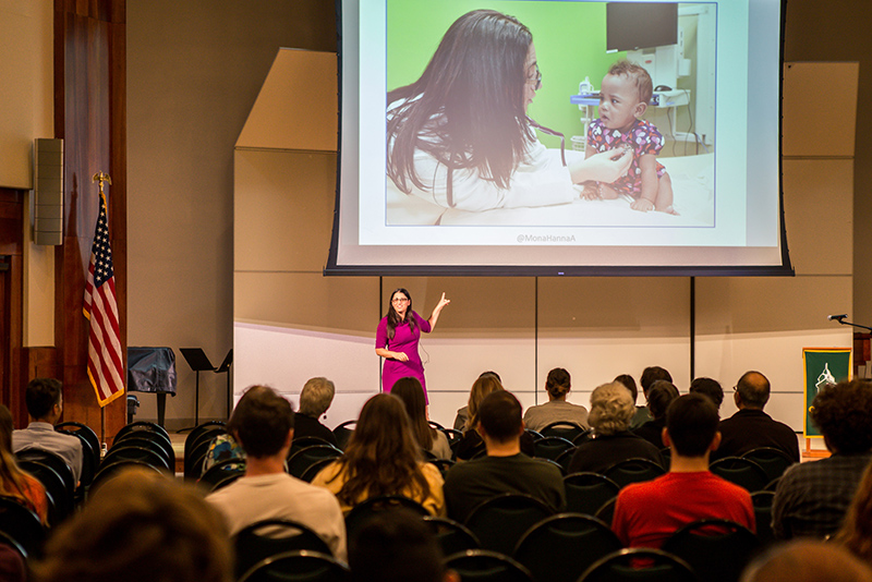 Dr. Mona Hanna-Attisha spoke on campus Sept. 25 on the Flint water crisis and her book What the Eyes Don't See: A Story of Crisis, Resistance and Hope in an American City, this summer's Oswego Reading Initiative selection