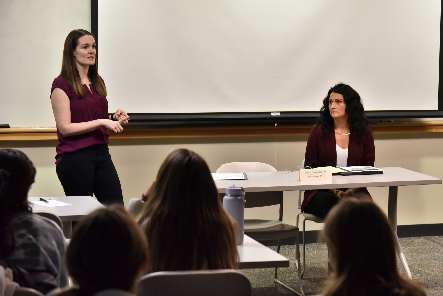 The Healthcare Careers Conference included a range of breakout sessions with alumni and other professionals discussing their careers. Nicole Bartoszewski '06 (seated at right), physician assistant at Carthage Area Hospital; and Maggie Moore, admissions advisor at SUNY Upstate Medical, co-present during a session about physician assistant careers.