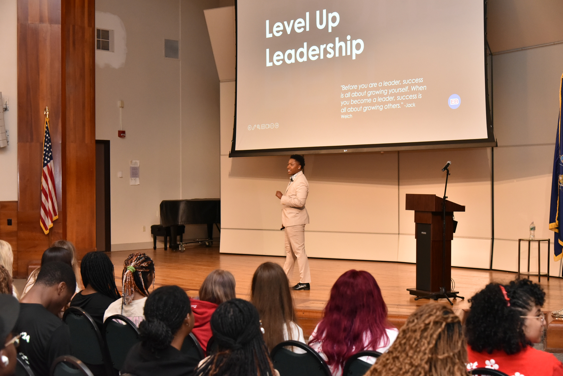 The keynote address for the 2024 ALANA Multicultural Student Leadership Conference was provided by Eboné Bell. The talk, "Level Up Leadership," held Sept. 19 in Sheldon Hall Ballroom, focused on preparing students to take their involvement skills into the next levels.