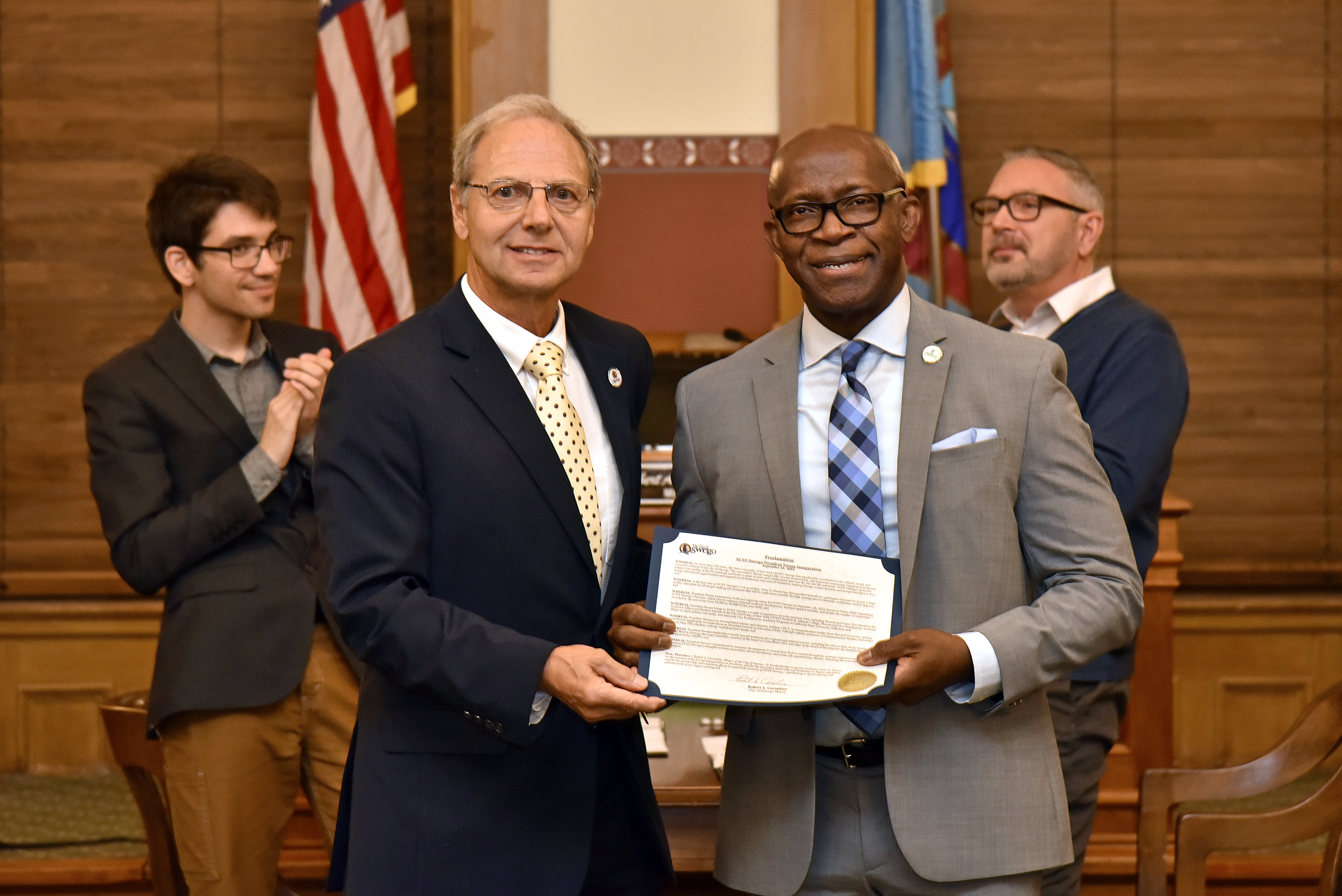 A City of Oswego proclamation officially recognized Peter O. Nwosu and his inauguration as SUNY Oswego president. During the ceremony Sept. 23 at Oswego City Hall in the Council Chambers, President Nwosu thanks Oswego Mayor Robert Corradino.