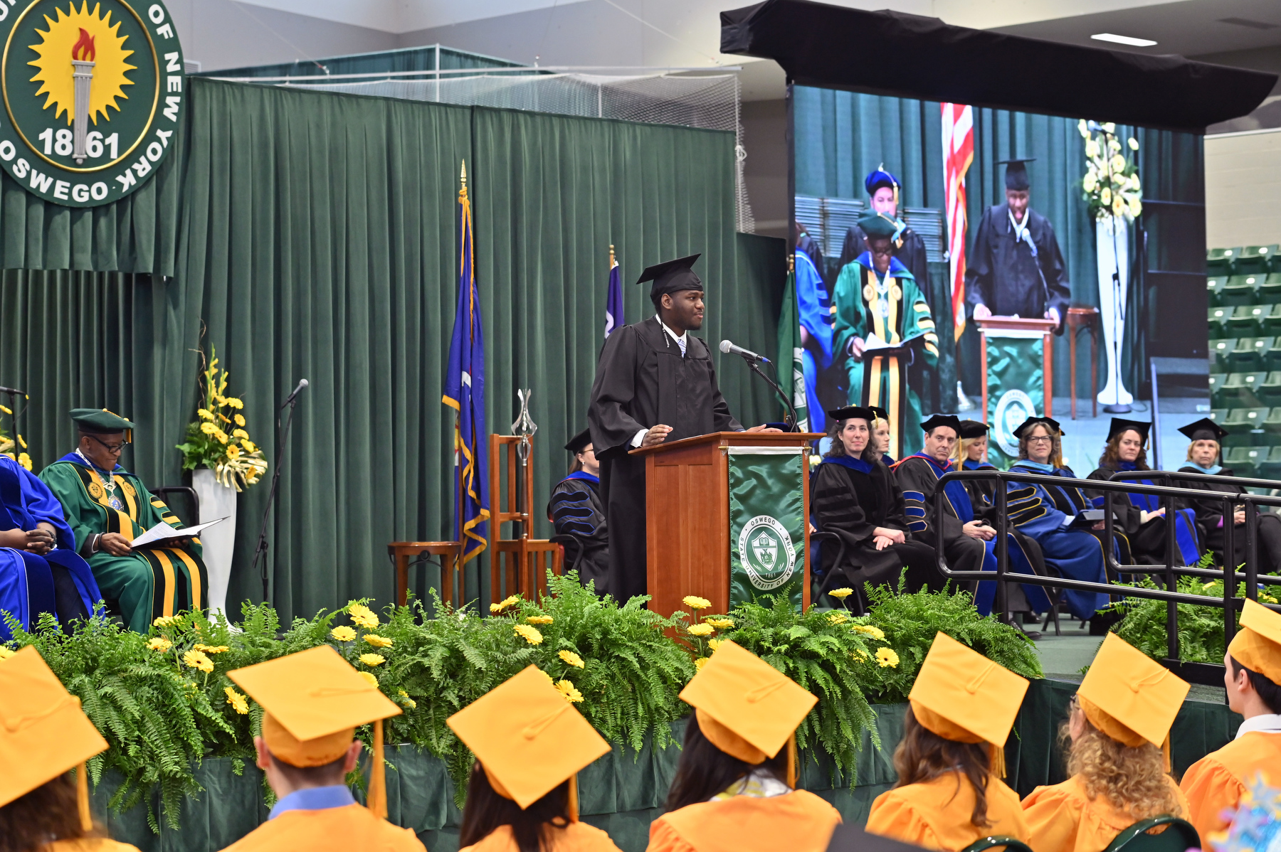 Student Association President Aiden Wilson gives the student address at Commencement.