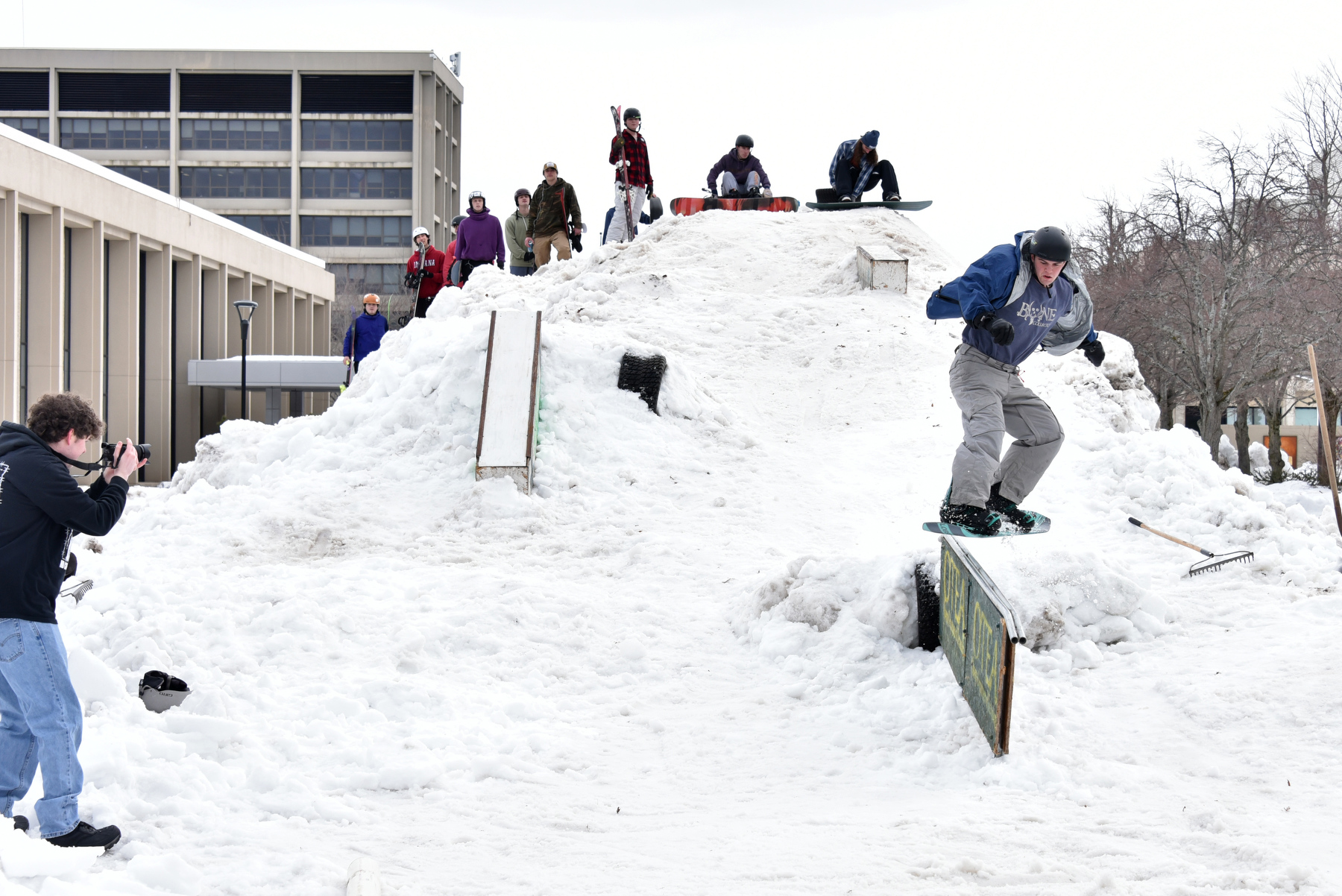 Student skiers and snowboard enthusiasts enjoyed the annual on-campus winter event at Rail Jam held in the quad near Mahar Hall on Feb. 28, presented by the Ski and Snowboard Club. Pictured is Logan Davis, a junior electrical and computer engineering major, sliding along a rail.