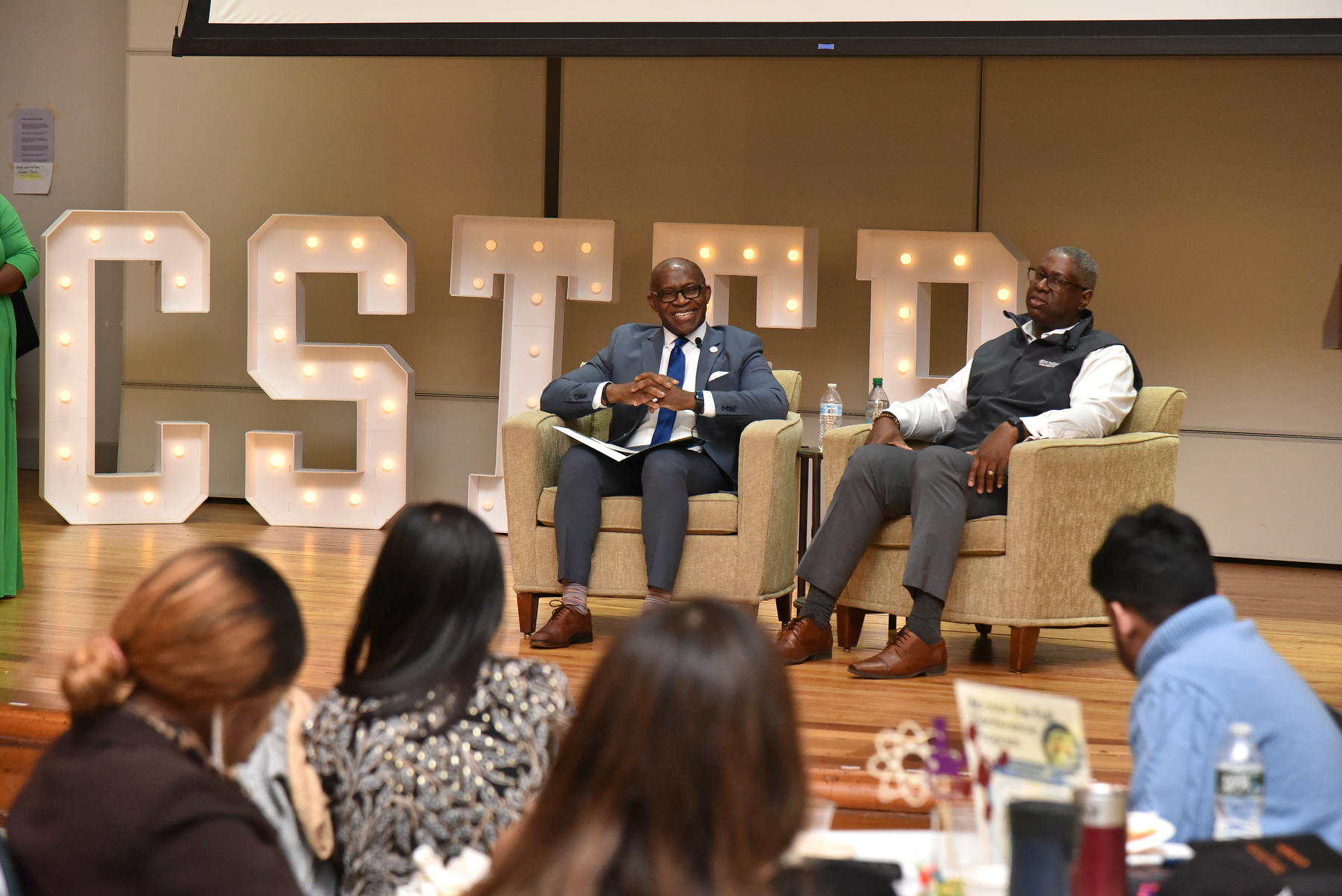 The Collegiate Science and Technology Entry Program (CSTEP) conference April 4 in Sheldon Hall ballroom featured a discussion with SUNY Oswego President Peter O. Nwosu and Onondaga Community College President Warren M. Hilton.