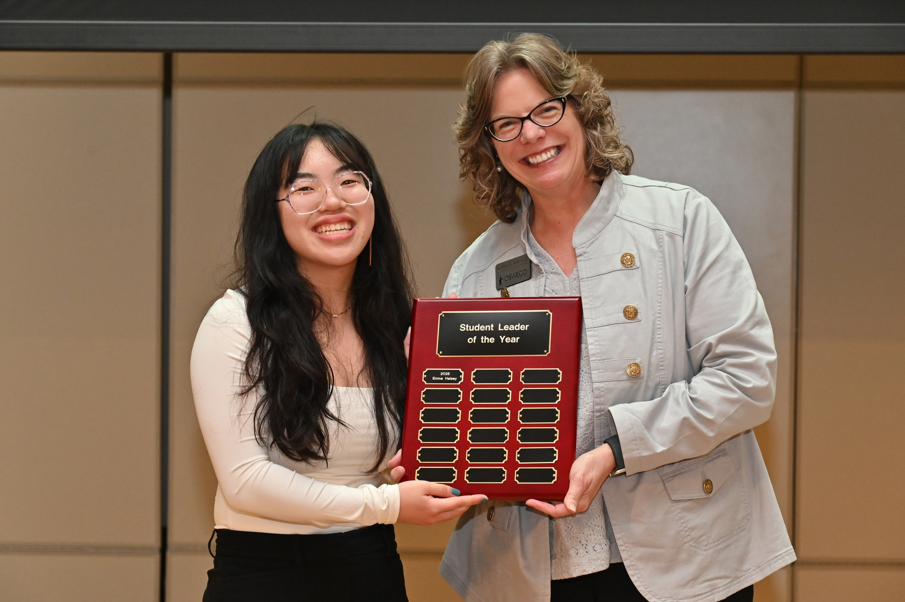 Among the many students honored at the April 10 Student Leadership Ceremony in Sheldon Hall ballroom is Emma Halsey, named 2025 Student Leader of the Year with an award presented by Vice President for Student Affairs Kathleen Kerr.