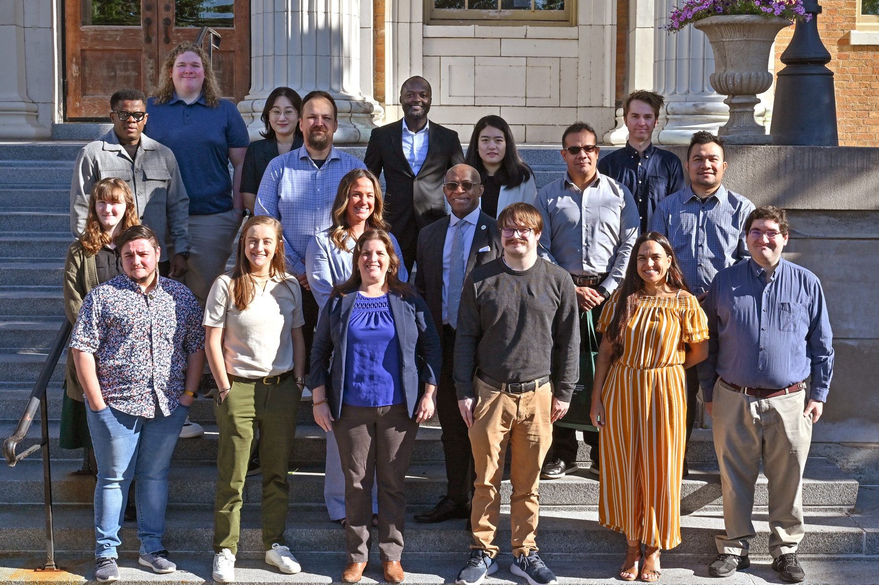 New faculty and professional staff gather for a photo at Sheldon Hall during their orientation, which unfolded Aug. 18 and 19.