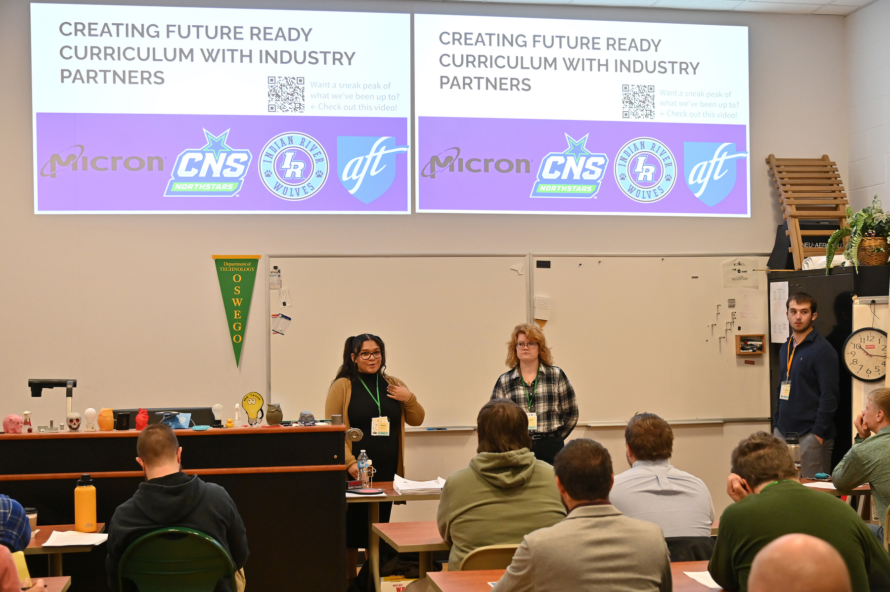 The 86th annual Technology Fall Conference’s more than 50 sessions included Alexis Williams, a 2018 graduate (tan sweater), and Sarah Loudon, a 2019 graduate, presenting classes on “Creating Future Ready Curriculum with Industry Partners.”