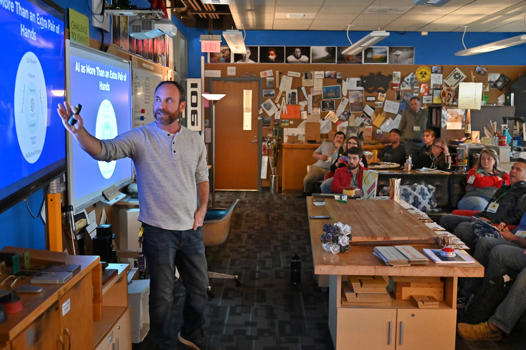 At the 86th annual Technology Fall Conference, 2004 graduate Marc Palmer gives a class on “Practical AI Integration for Educators” in the 203 Park Hall Design Studio.