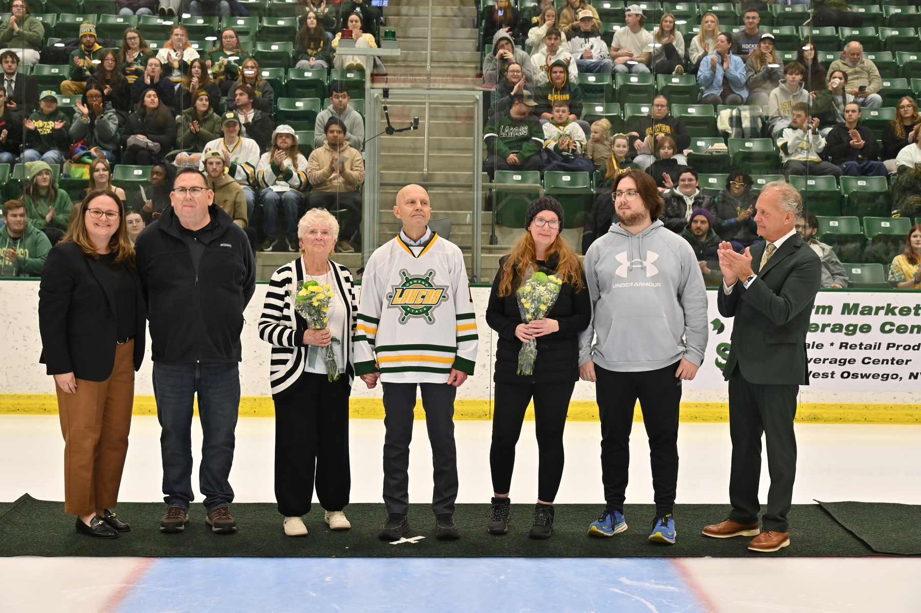 Oswego State’s Intercollegiate Athletics honored one of the program's pioneer players, its first All-American and 1972 Olympic silver medalist goaltender Gordon "Pete" Sears ’71 by retiring his jersey No. 1 and raising it to the rafters of the Deborah F. Stanley Arena and Convocation Hall at the Marano Campus Center on Nov. 15.