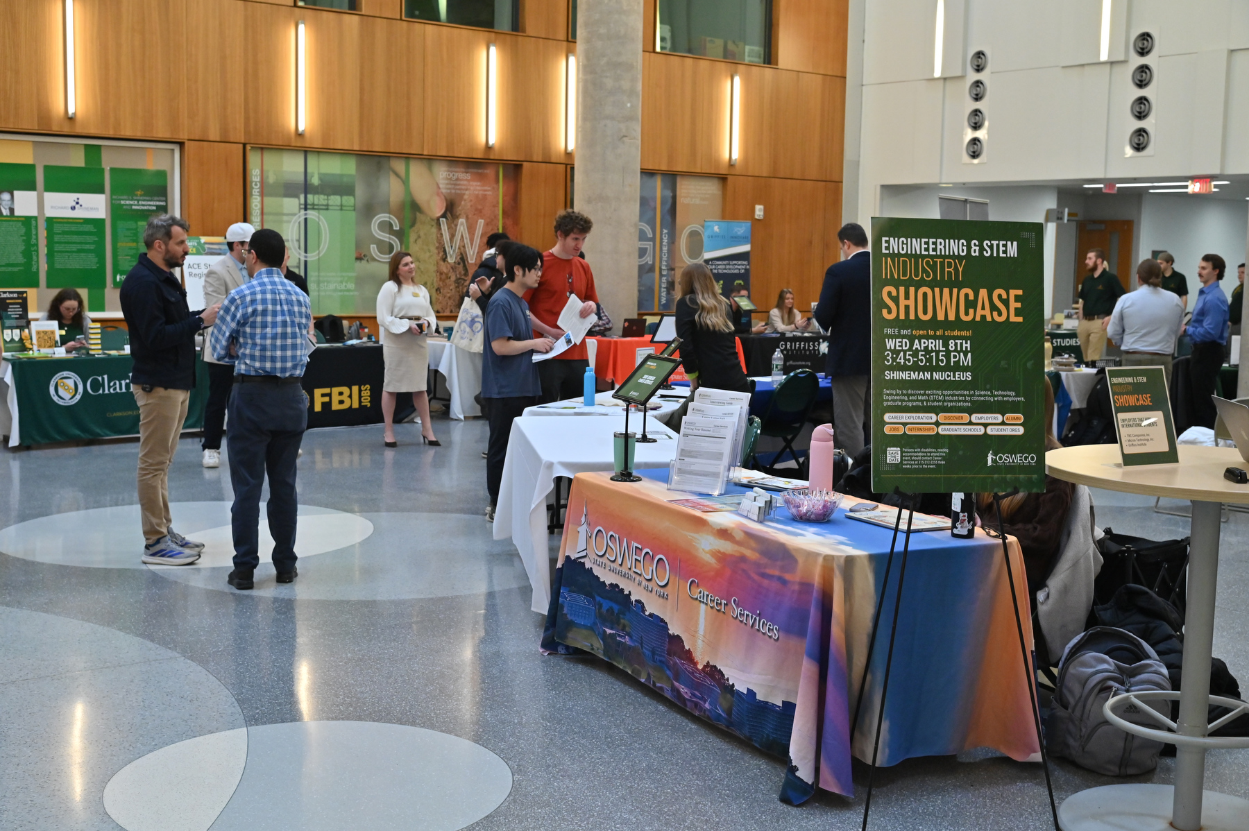SUNY Oswego’s Engineering Week, sponsored by Micron Technology, ran April 6 to 10 with new and returning activities to connect current university and high school students with opportunities and career pathways in this ever-growing industry. The Engineering Industry Showcase on April 8 in the Shineman Center Nucleus featured a variety of industry leaders and representatives offering opportunities to current students.