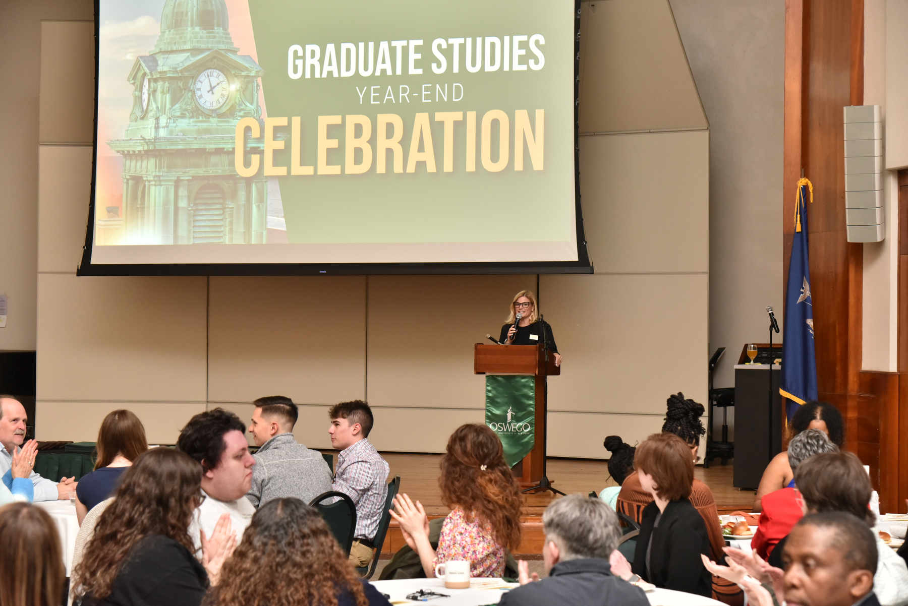 Kristen Eichhorn – interim provost and vice president for academic affairs, dean of graduate studies and interim dean of the College of Business and Entrepreneurship – welcomes guests to the annual Graduate Studies reception and awards ceremony May 1 in Sheldon Hall ballroom. 