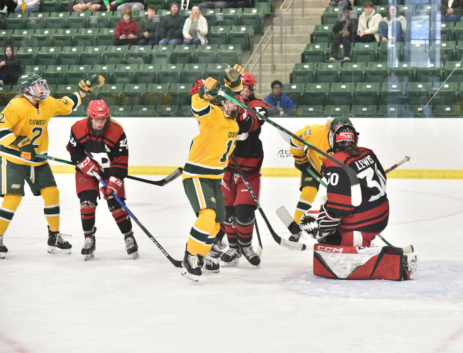 The women’s hockey team had their best season ever – a 23-3-2 record, rising into the top 5 of the national rankings and winning the SUNYAC regular season title – but were unable to top the nationally ranked Cardinal women, valiantly falling 2-0, and not receiving a bid for their national tournament.