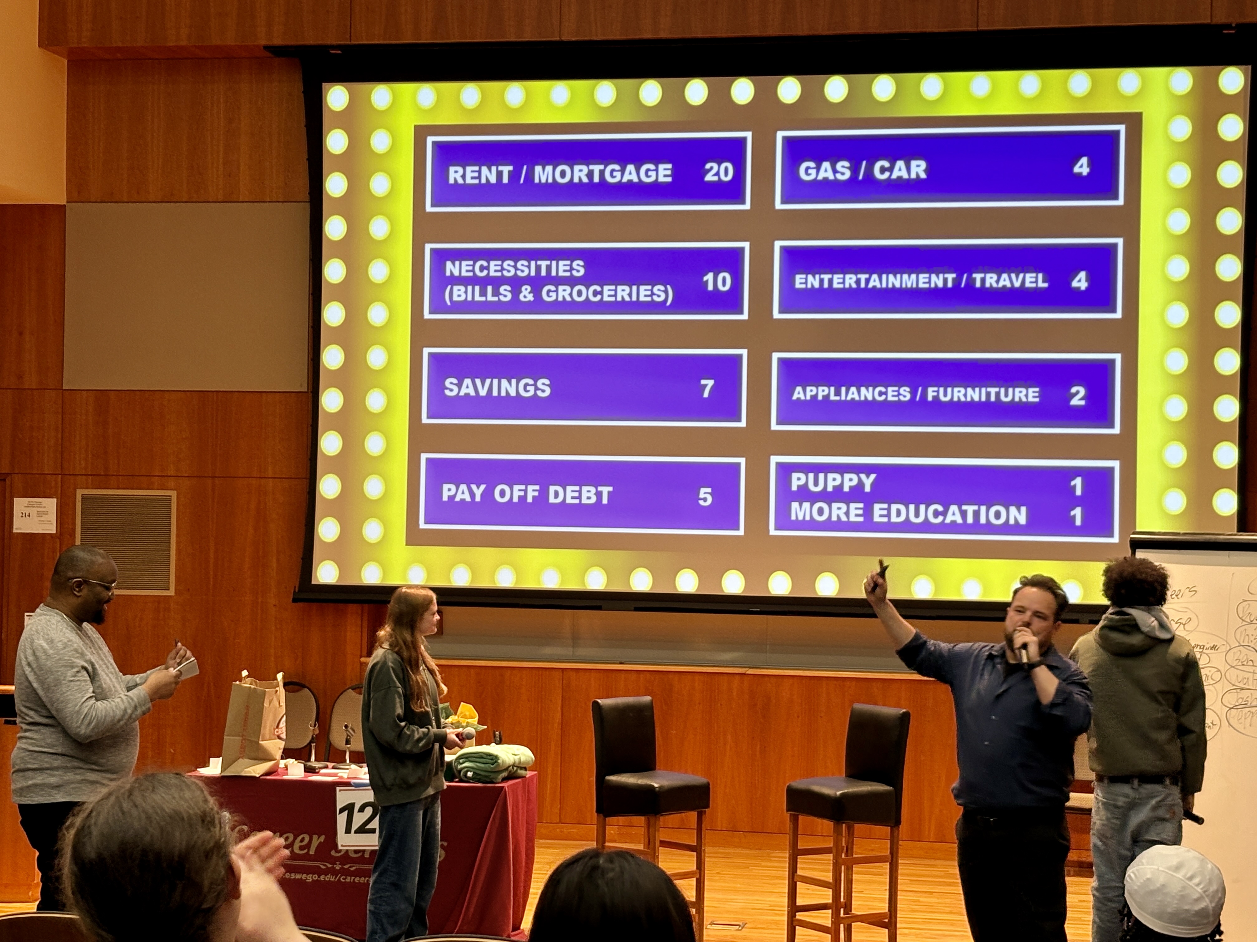 The Office of Career Services offered the "Get Hired! Game Show" comedy event on April 8. In addition to plenty of laughs, the event provided helpful tips on resumes, interviewing, salary negotiation, and financial literacy. (Photo courtesy of Career Services)