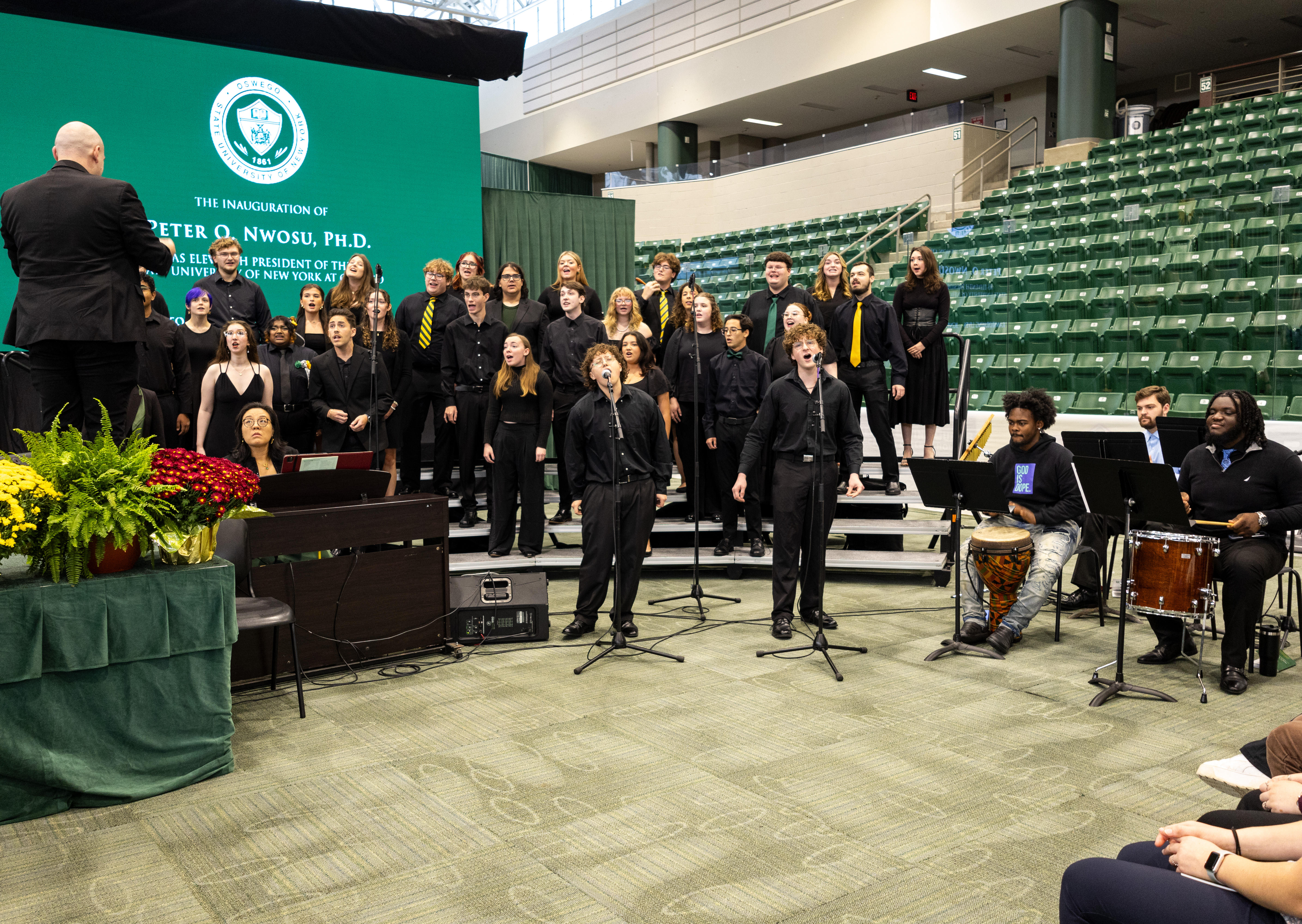 Showcasing student talent was one emphasis requested by President Peter O. Nwosu for his inauguration on Sept. 27. That included members of the university’s State Singers student vocal ensemble joined by a student drumming group for the Swahili composition “Baba Yetu.”