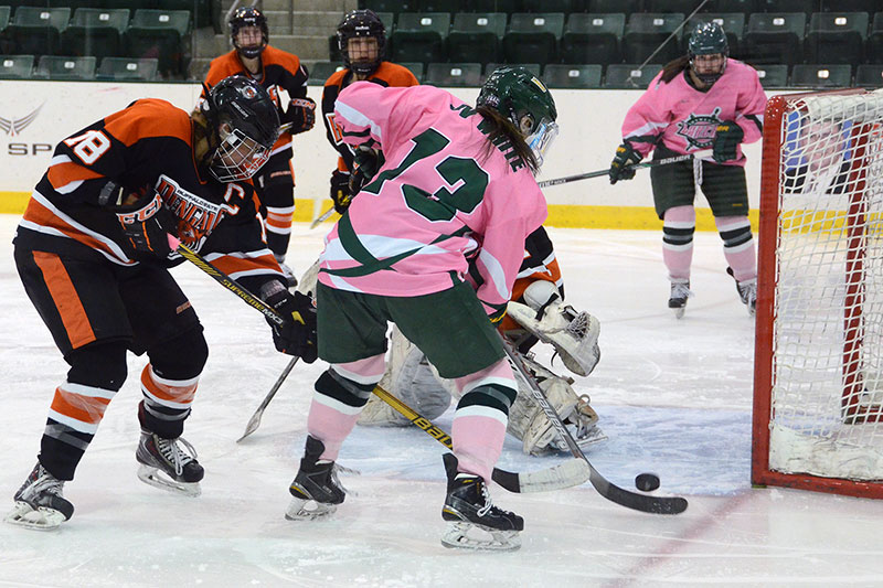 Jacquelin White sets up in front of goal in hockey