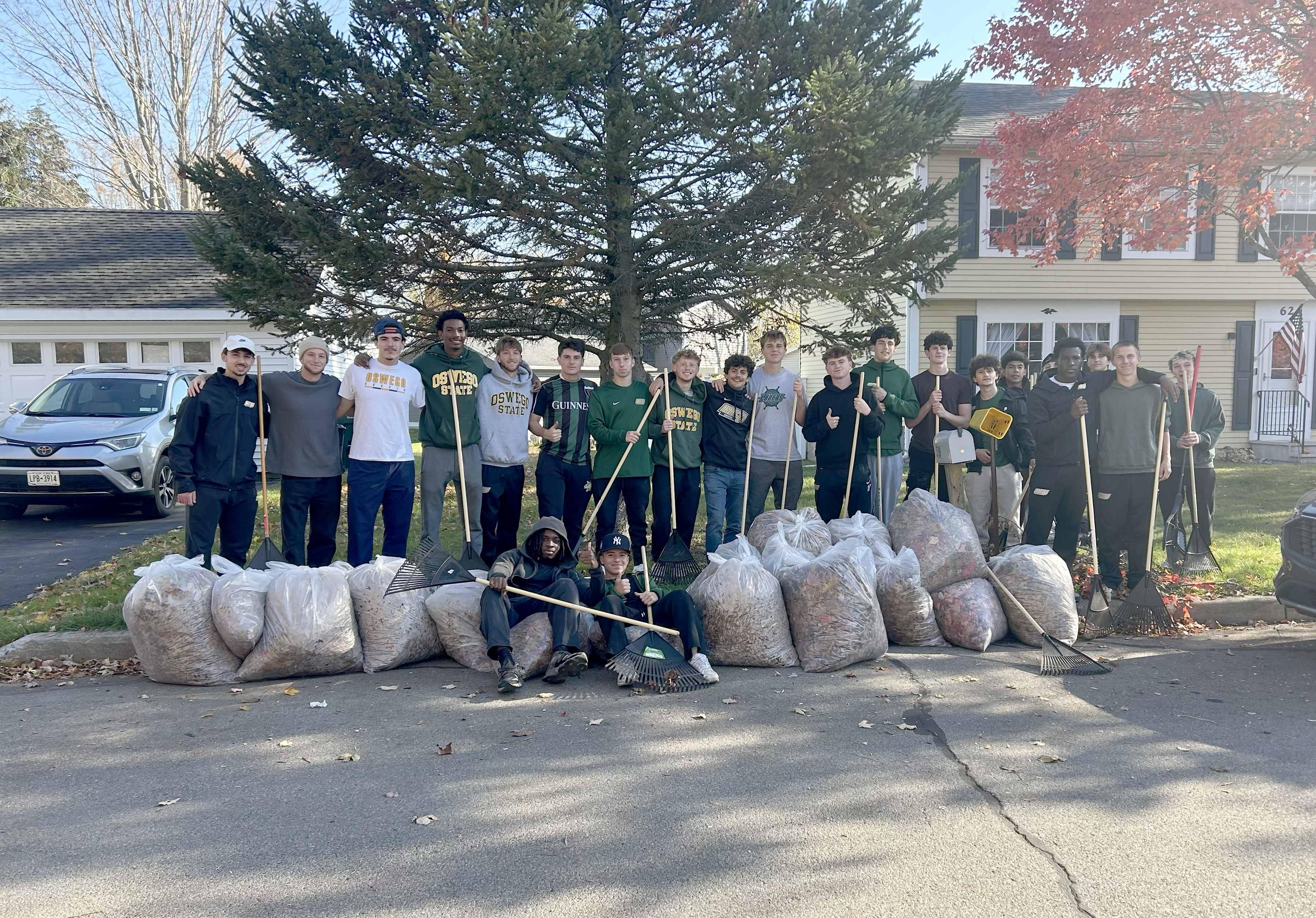 Student-athletes from all Laker teams, including the men’s soccer team pictured, raked 60 yards for local senior citizens on Nov. 2, now in its 20th year of organization through the university’s Student-Athlete Advisory Council.