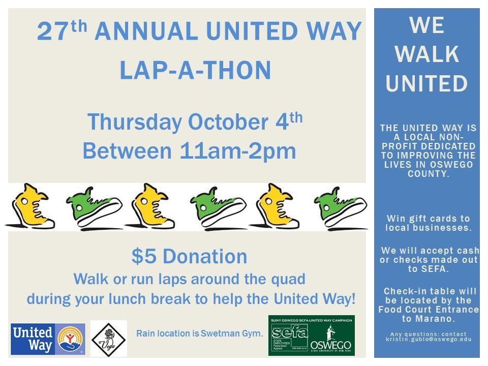 United Way Lap-A-Thon - Thurs. Oct. 4th from 11am-2pm