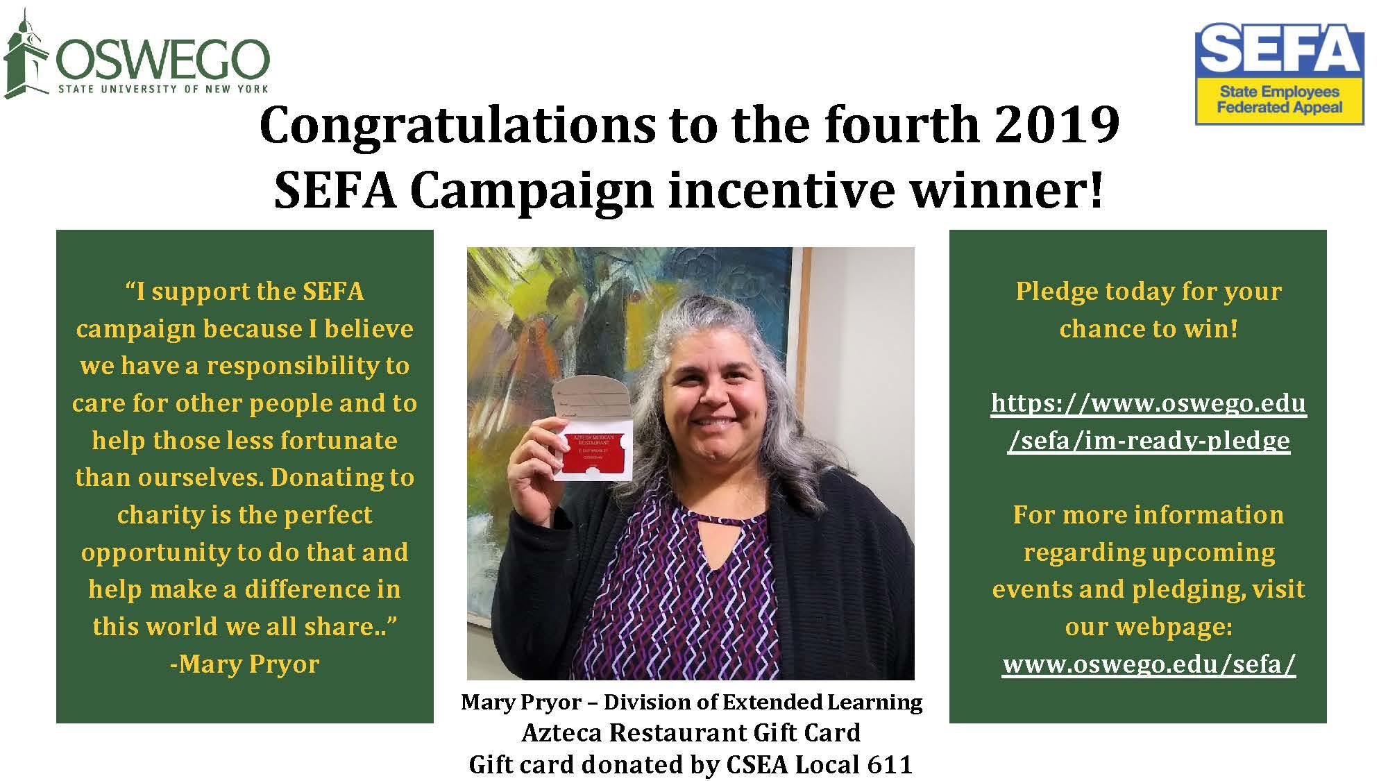 SEFA Incentive Prize Winner #4 - Mary Pryor