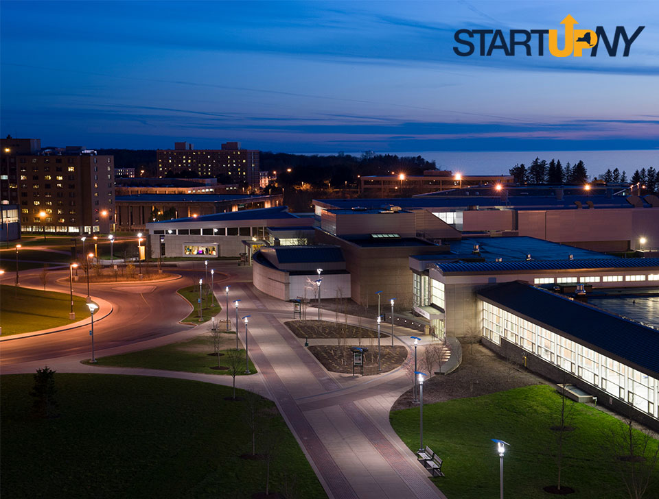 Start Up NY  overlaid on image of SUNY Oswego's campus center